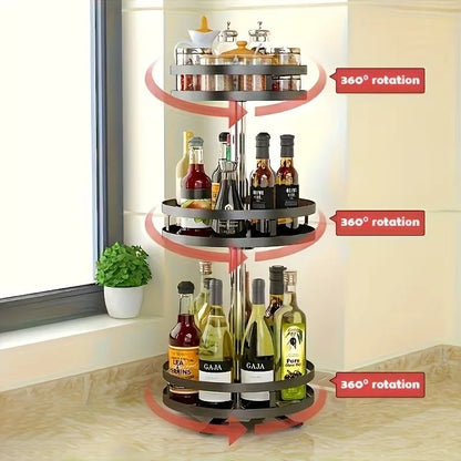 Rangement à Épices Rotatif 360° – 3 Niveaux avec espace pour bouteilles et pots d'épices sur un comptoir de cuisine