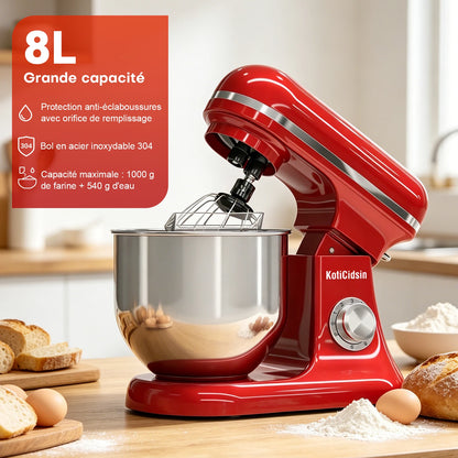 Robot pâtissier 8 L KotiCidsin rouge avec bol en inox et fouet pour pâtisseries maison