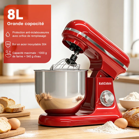 Robot pâtissier 8 L KotiCidsin rouge avec bol en inox et fouet pour pâtisseries maison