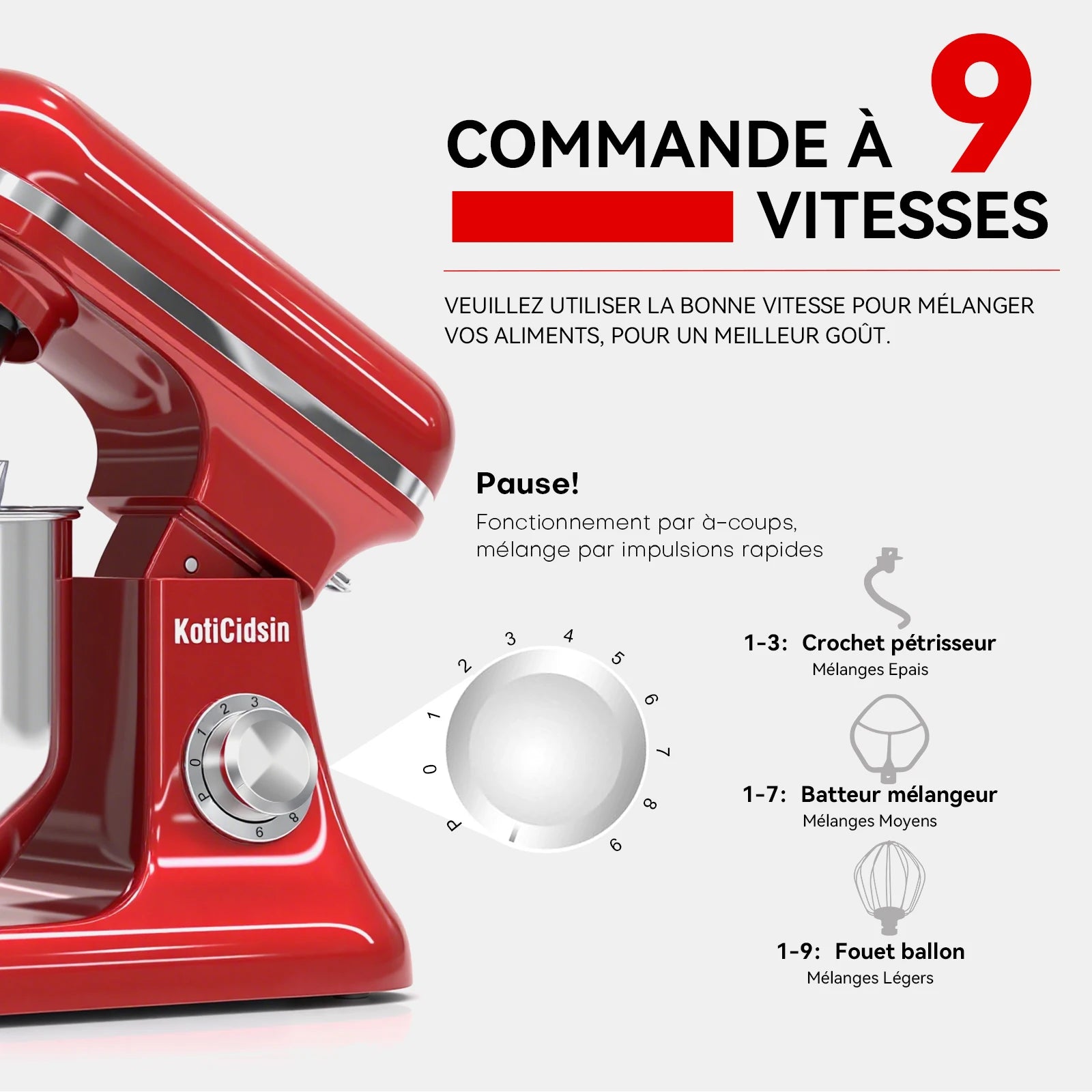 Robot pâtissier 8 L KotiCidsin rouge avec commande à 9 vitesses pour mélanger facilement vos ingrédients