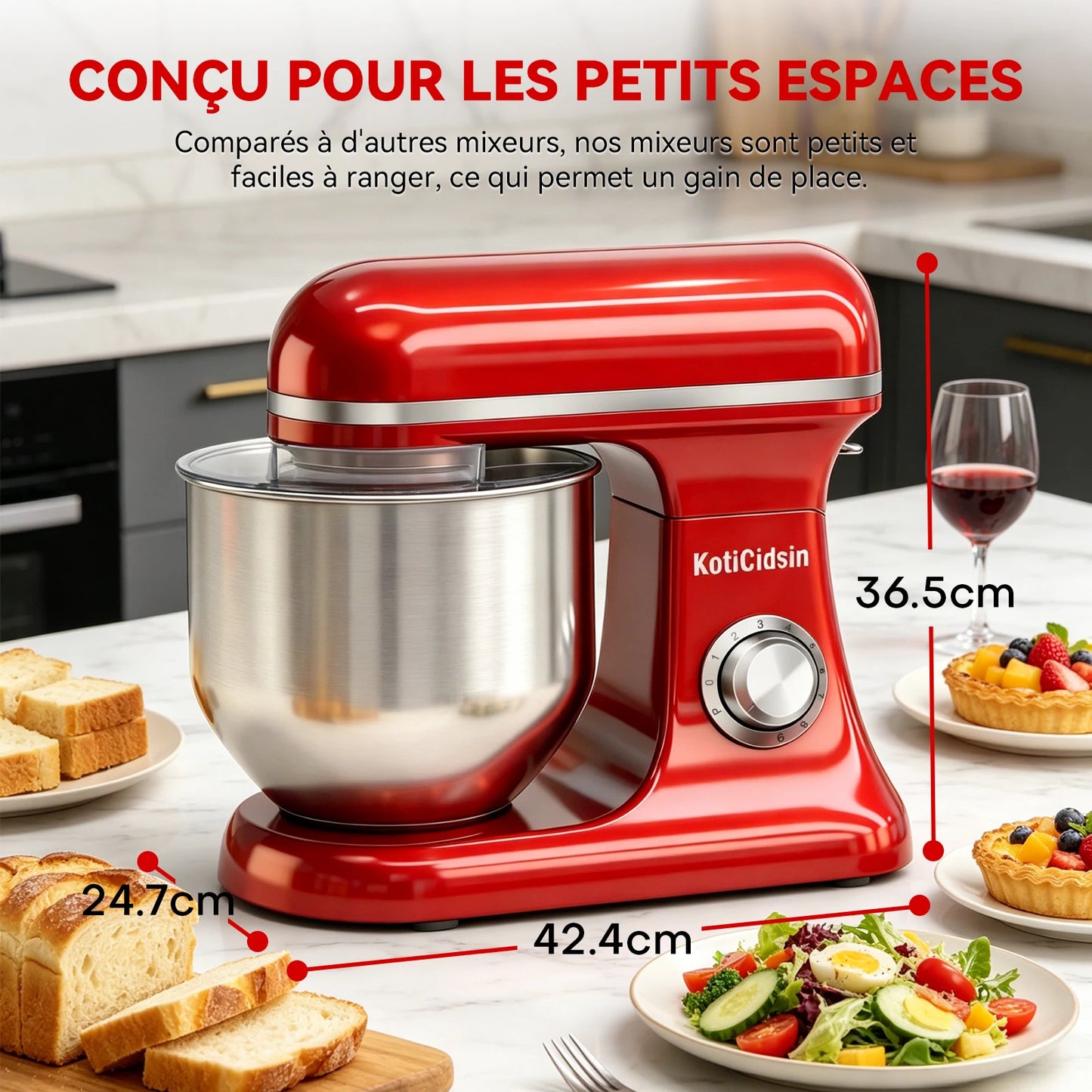 Robot pâtissier 8 L KotiCidsin rouge, idéal pour les petits espaces avec un bol en inox et un design compact