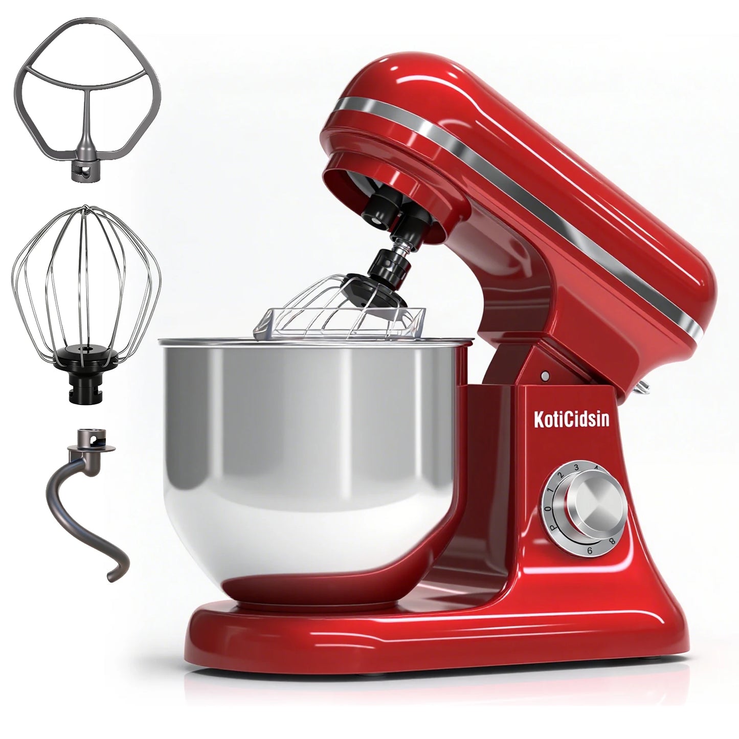 Robot pâtissier 8 L KotiCidsin rouge avec fouet et crochet pétrisseur, idéal pour la pâtisserie