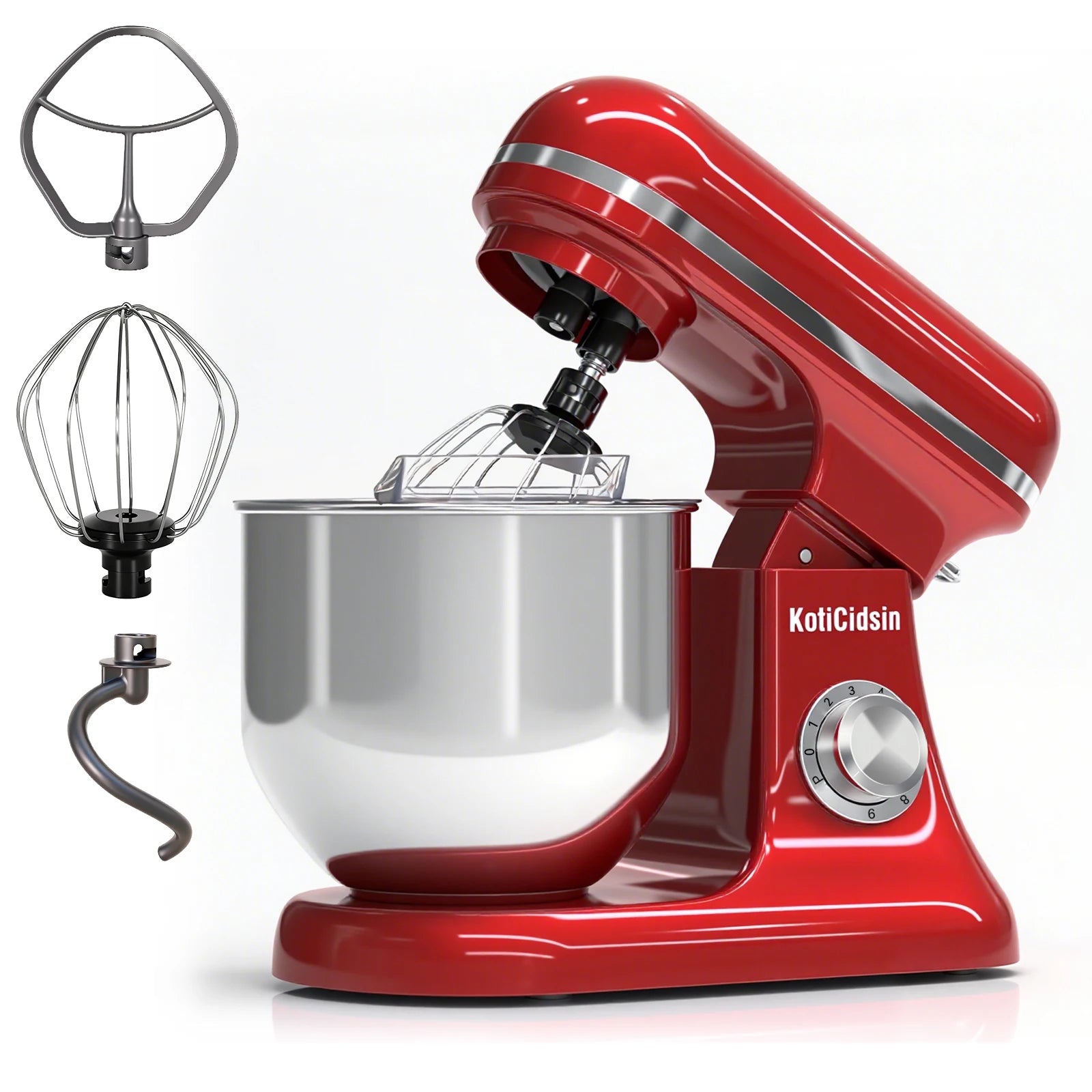 Robot pâtissier 8 L KotiCidsin rouge avec fouet et crochet pétrisseur, idéal pour la pâtisserie