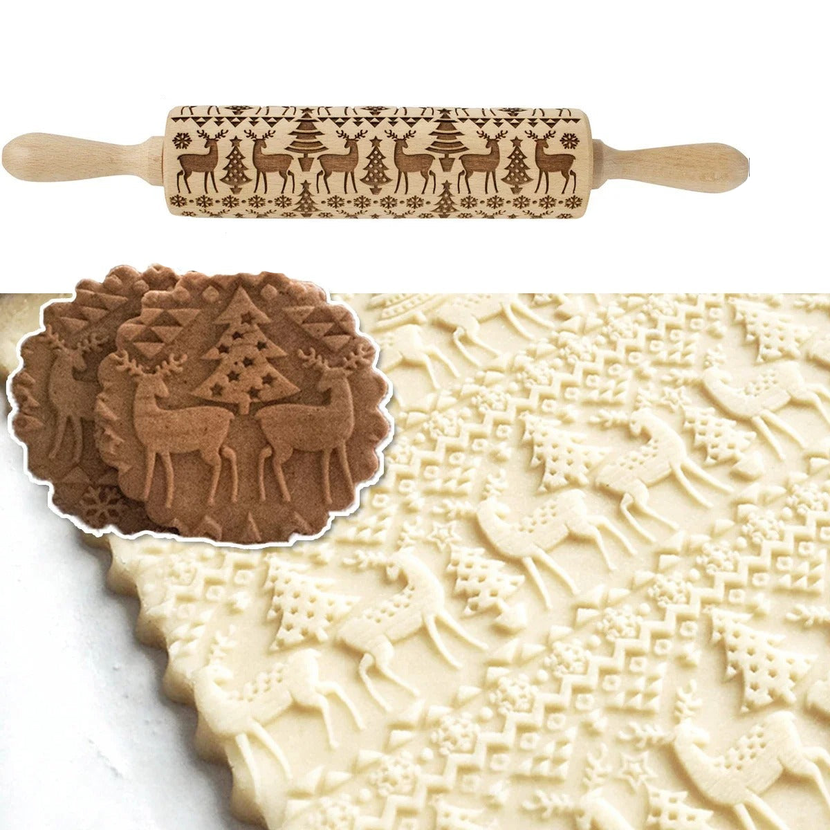 Rouleau à Pâtisserie de Noël en Bois – Motif Gravé pour créer des décorations festives sur vos pâtisseries