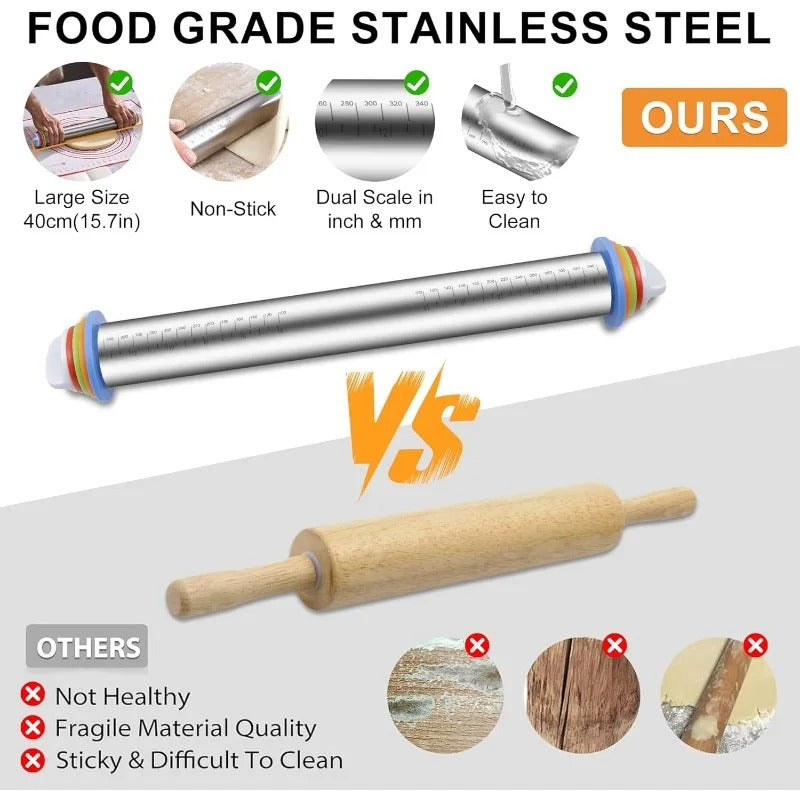 Rouleau à Pâtisserie Réglable en Inox – 43 cm avec échelle duale et surface antiadhésive facile à nettoyer