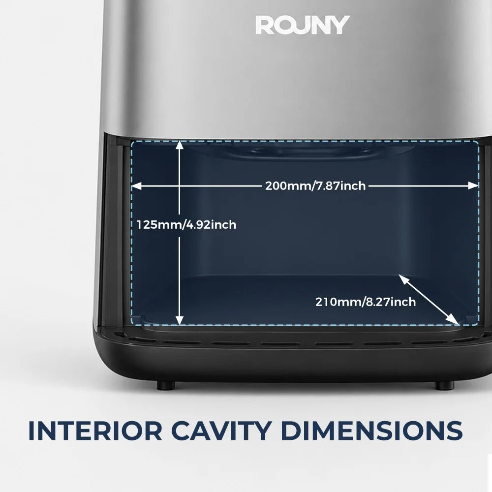 Friteuse sans huile 5 L avec fenêtre de visualisation montrant les dimensions intérieures pour la cuisine