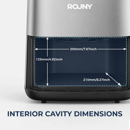 Friteuse sans huile 5 L avec fenêtre de visualisation montrant les dimensions intérieures pour la cuisine