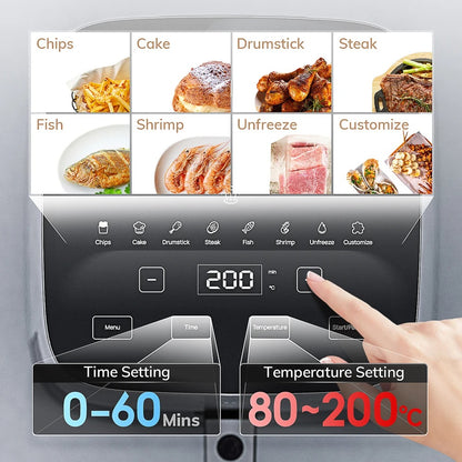 Friteuse sans huile 5 L avec fenêtre de visualisation et options de cuisson variées pour différents aliments