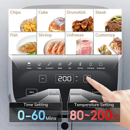 Friteuse sans huile 5 L avec fenêtre de visualisation et options de cuisson variées pour différents aliments