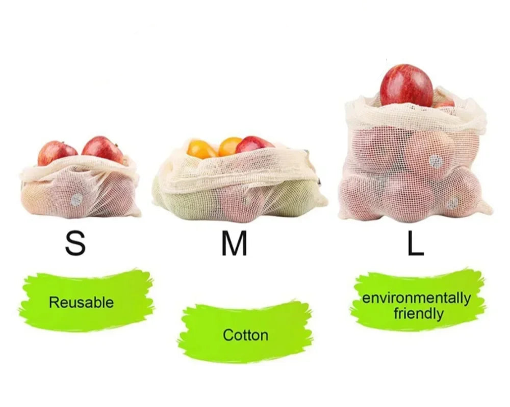 Set de sacs en maille coton bio réutilisables en différentes tailles pour fruits et légumes