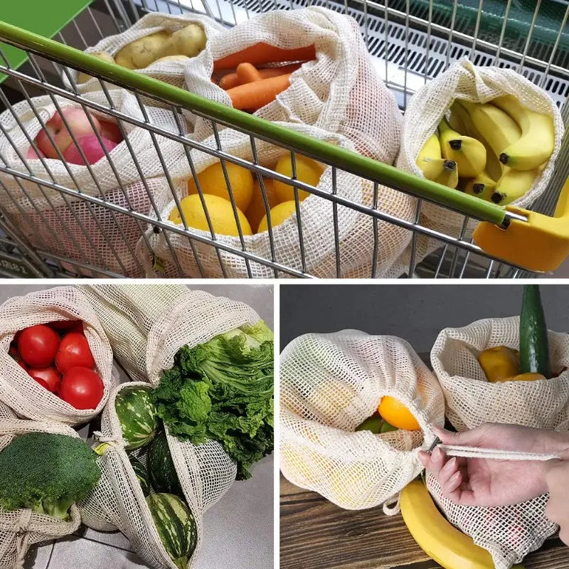 Sac en Maille Coton Bio – Réutilisable rempli de fruits et légumes dans un caddie de supermarché
