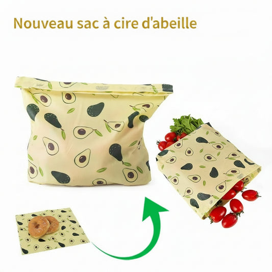 Sacs en cire d’abeille réutilisables pour conserver les aliments avec motifs d'avocat et tomates.
