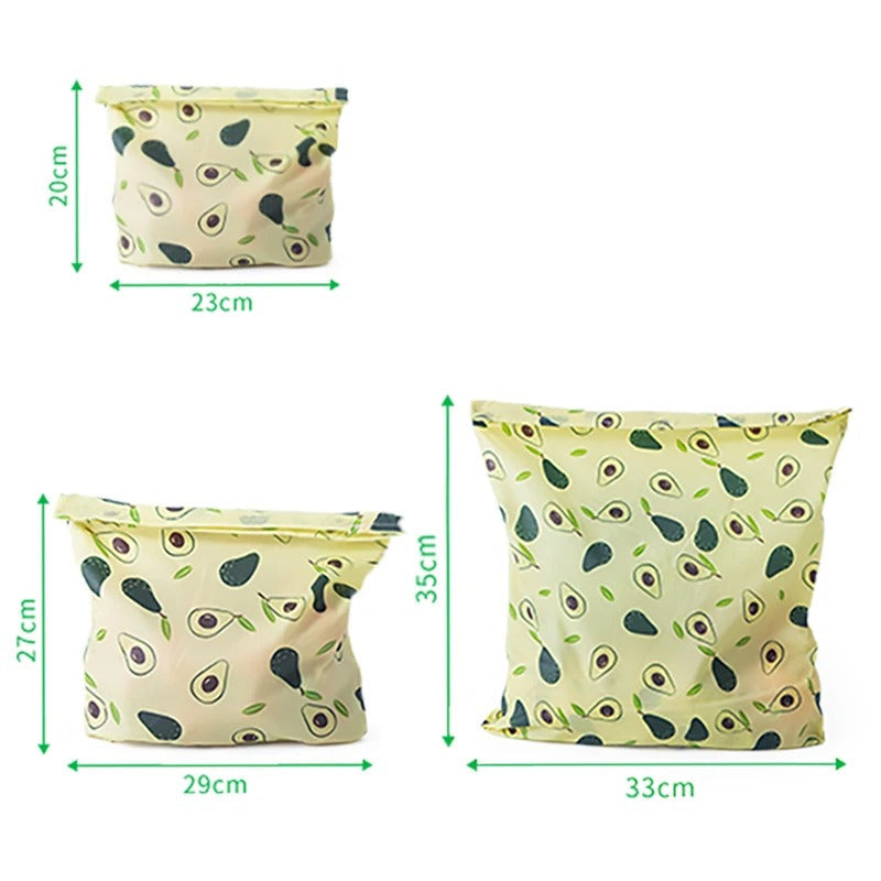 Trois sacs en cire d’abeille réutilisables pour conserver les aliments avec motifs d'avocats dans différentes tailles
