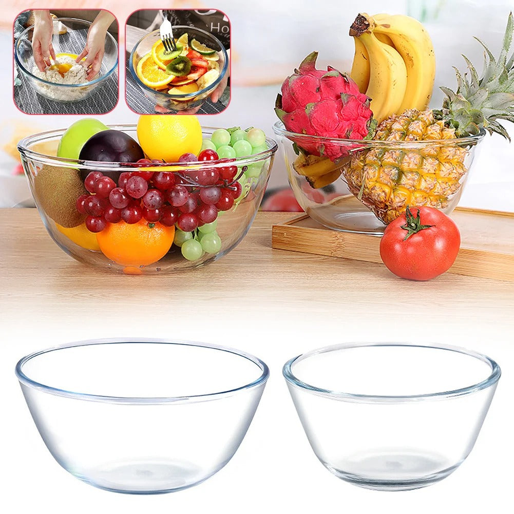 Saladier en Verre Transparent 500 ml à 4,5 L rempli de fruits frais sur une table en bois