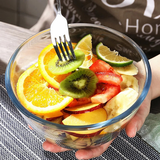 Saladier en Verre Transparent 500 ml à 4,5 L rempli de fruits frais colorés, parfait pour les salades et desserts