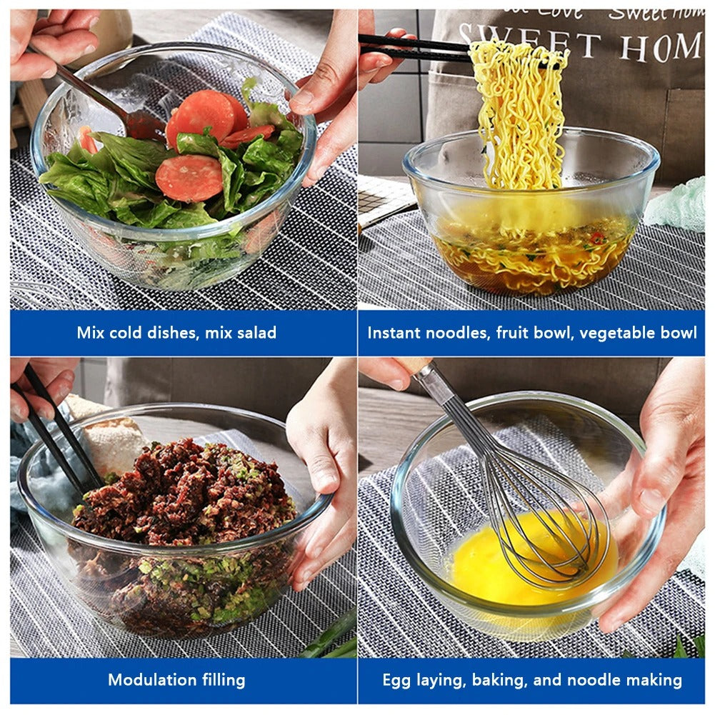 Quatre images de saladier en verre transparent 500 ml à 4,5 L pour mélanger salades, nouilles et autres aliments.