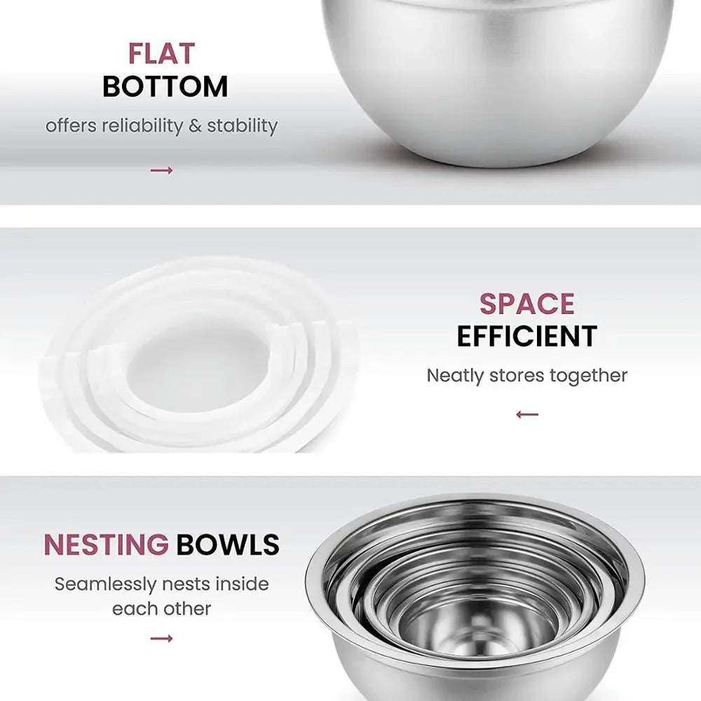 Saladier Inox avec Couvercle Bol à Mélanger Hermétique pour Cuisine et Pâtisserie avec fond plat et empilable