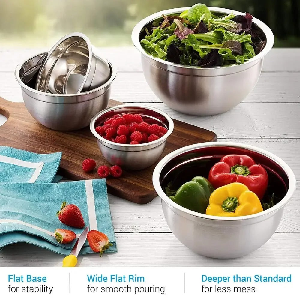 Saladier Inox avec Couvercle Bol à Mélanger Hermétique pour Cuisine et Pâtisserie avec différentes tailles et aliments.