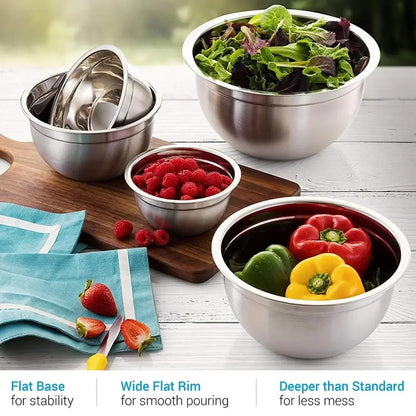 Saladier Inox avec Couvercle Bol à Mélanger Hermétique pour Cuisine et Pâtisserie avec différentes tailles et aliments.