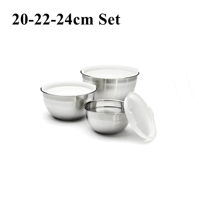 Saladier Inox avec Couvercle Bol à Mélanger Hermétique pour Cuisine et Pâtisserie, ensemble de 3 tailles.