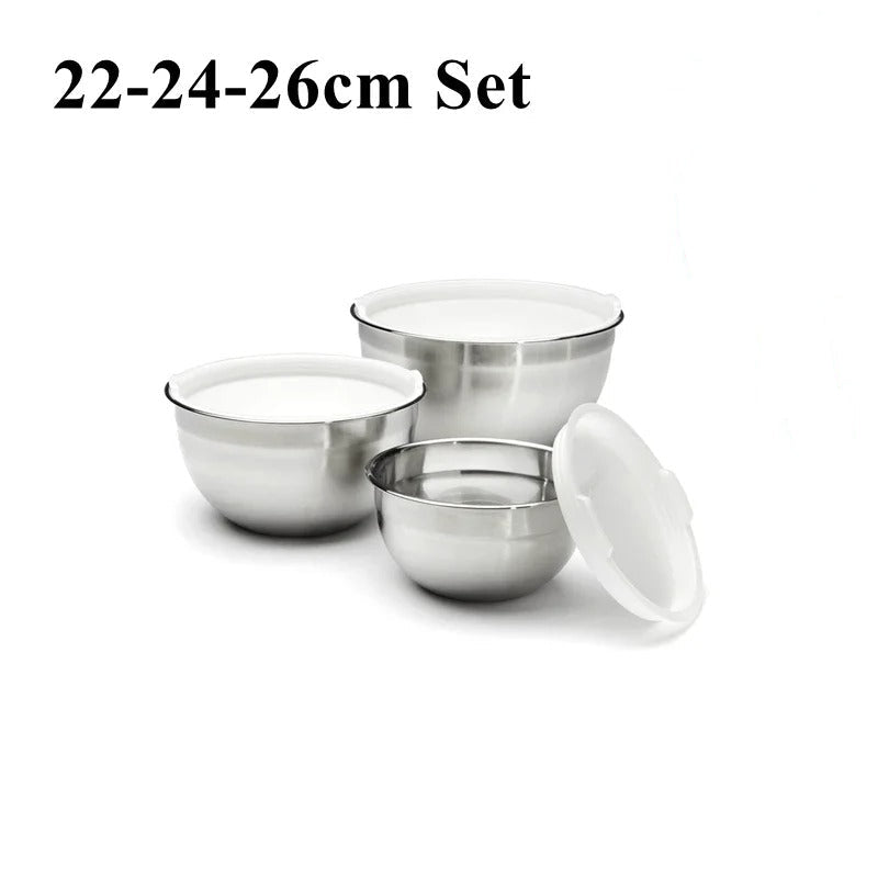 Set de 3 Saladier Inox avec Couvercle Bol à Mélanger Hermétique pour Cuisine et Pâtisserie de 22-24-26cm