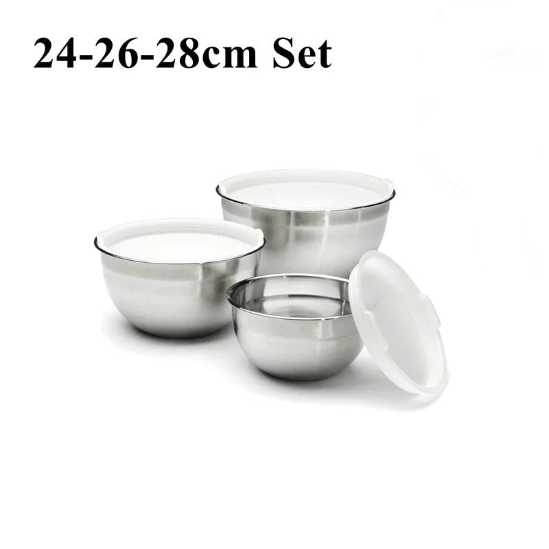 Saladier Inox avec Couvercle Bol à Mélanger Hermétique pour Cuisine et Pâtisserie, ensemble de 24-26-28cm.