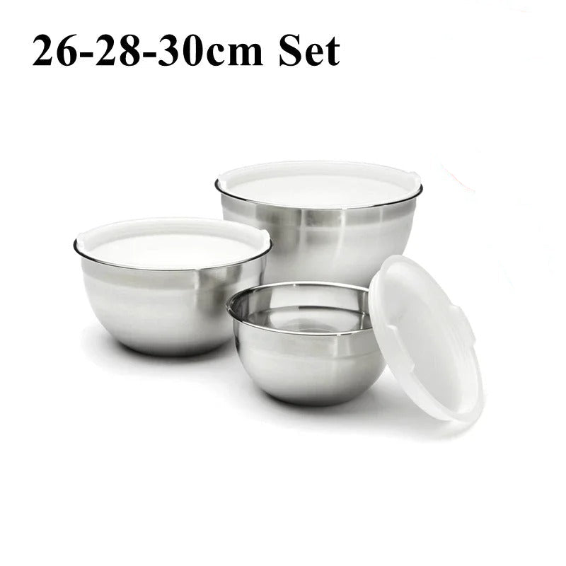 Set de 3 Saladier Inox avec Couvercle Bol à Mélanger Hermétique pour Cuisine et Pâtisserie de 26-28-30 cm