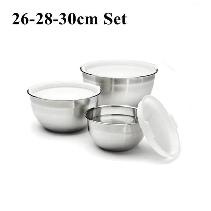 Set de 3 Saladier Inox avec Couvercle Bol à Mélanger Hermétique pour Cuisine et Pâtisserie de 26-28-30 cm