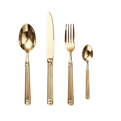 Service de couverts inox gravés – Set cuillère fourchette couteau en doré avec design élégant