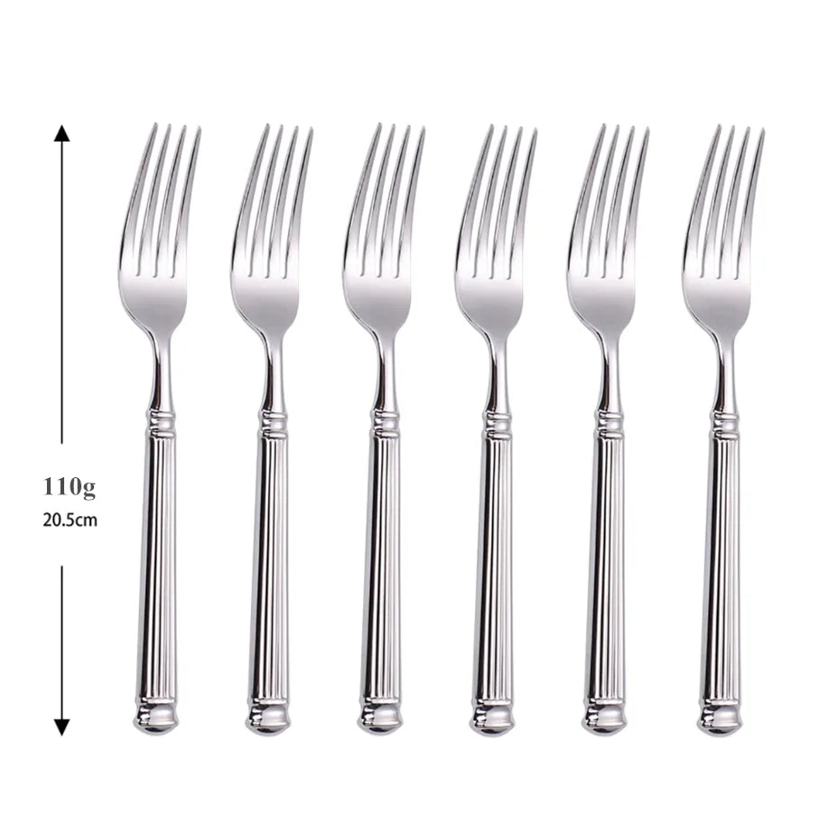 Set cuillère fourchette couteau en inox gravés avec six fourchettes élégantes de 20,5 cm