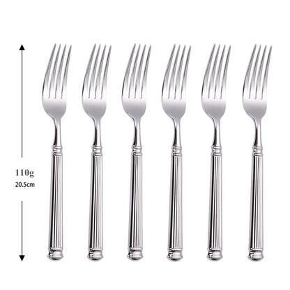 Set cuillère fourchette couteau en inox gravés avec six fourchettes élégantes de 20,5 cm