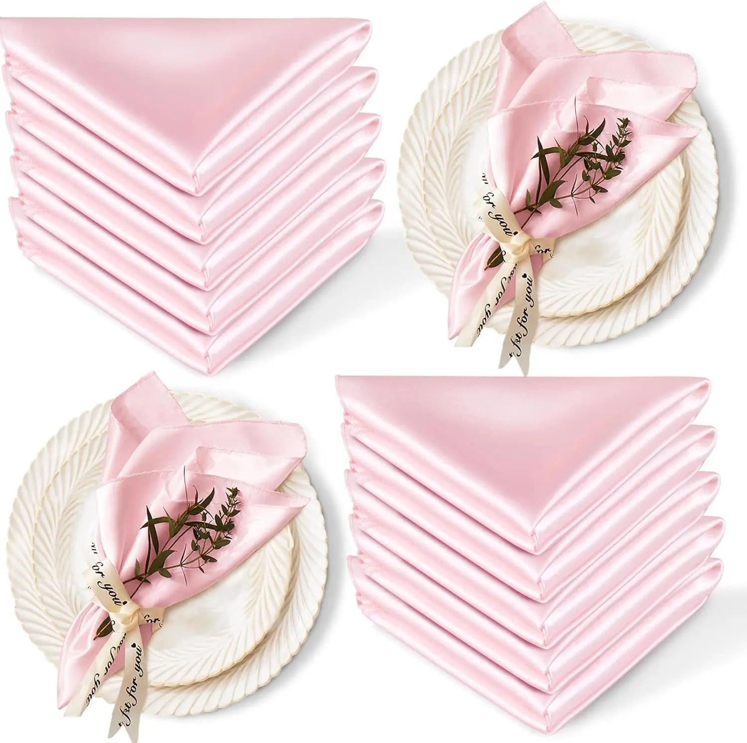 Serviettes de Table Satinées Lot de 12 Élégantes en rose avec des assiettes blanches décoratives