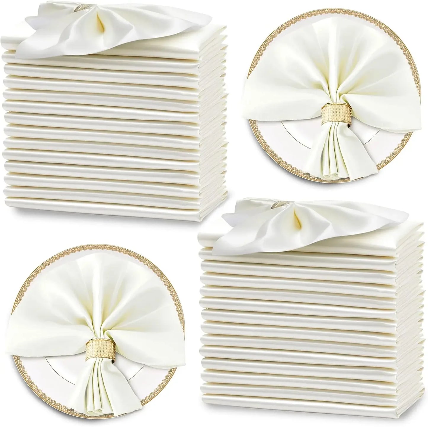 Serviettes de Table Satinées Lot de 12 Élégantes avec Finition Dorée sur Assiette en Céramique