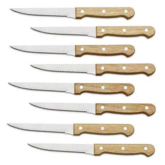 Set 4 à 8 Couteaux à Steak Dentelés – Manche Bois Naturel avec lames en acier inoxydable pour une découpe facile