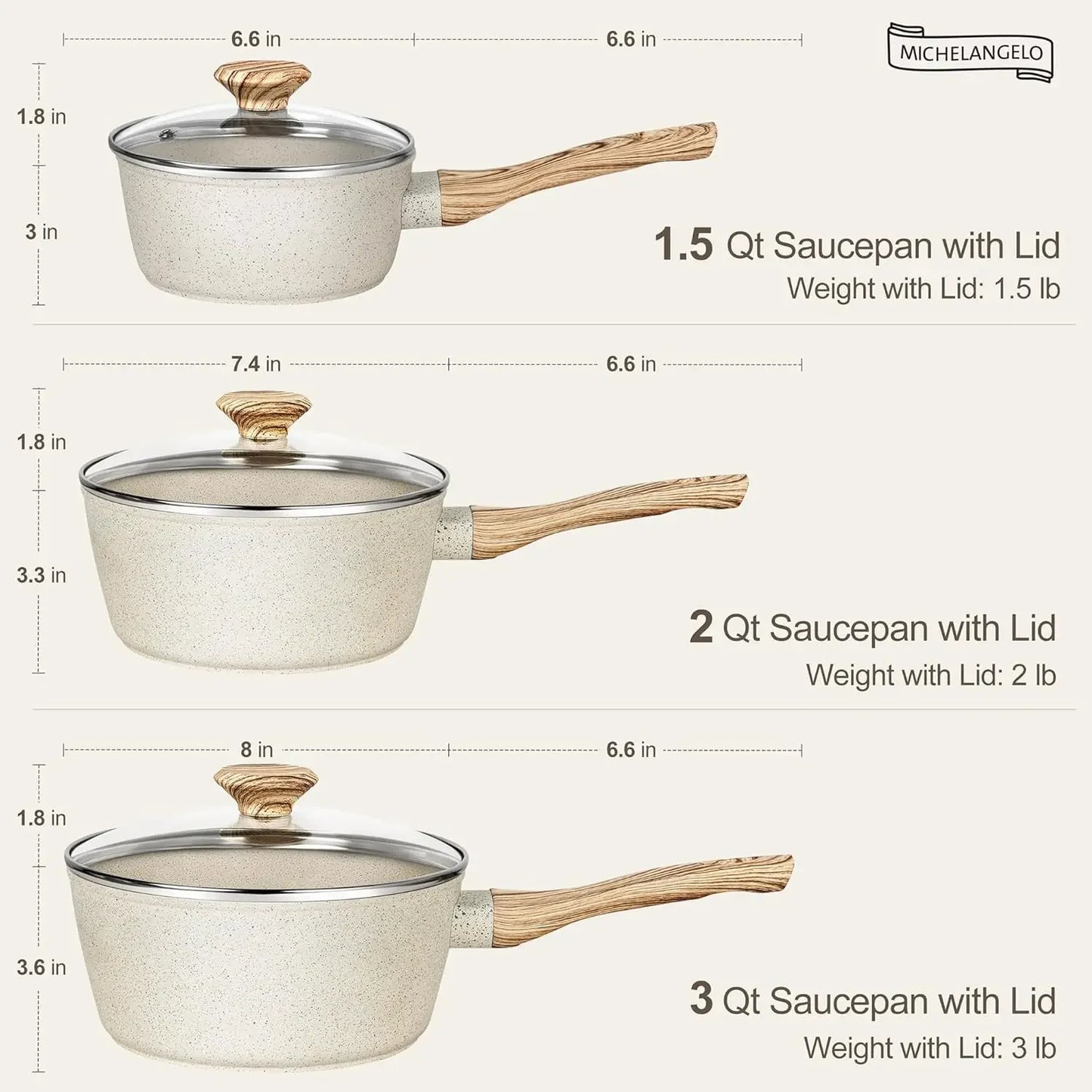 Set Casseroles Antiadhésives MICHELANGELO avec couvercles en verre et poignées effet bois en trois tailles