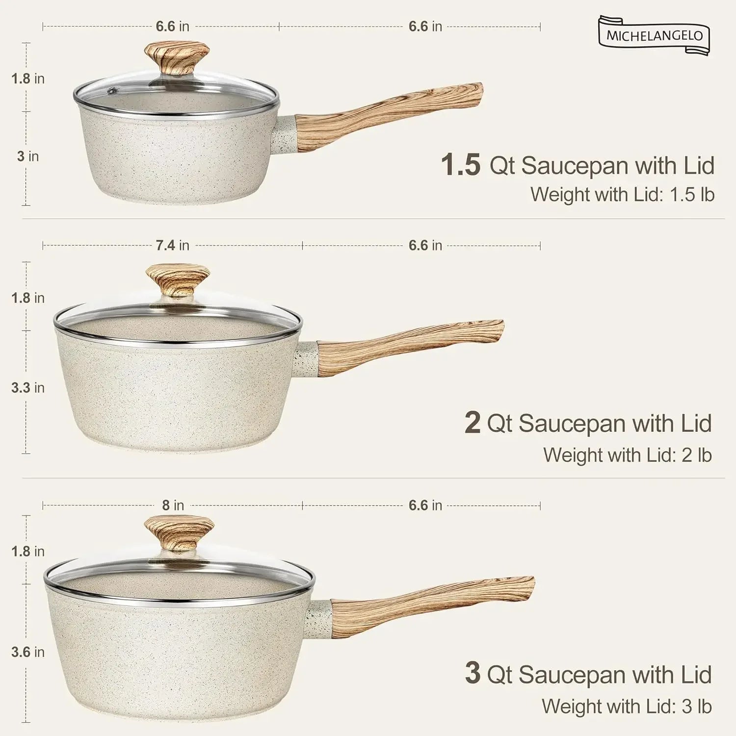 Set Casseroles Antiadhésives MICHELANGELO avec couvercles en verre et poignées effet bois en trois tailles