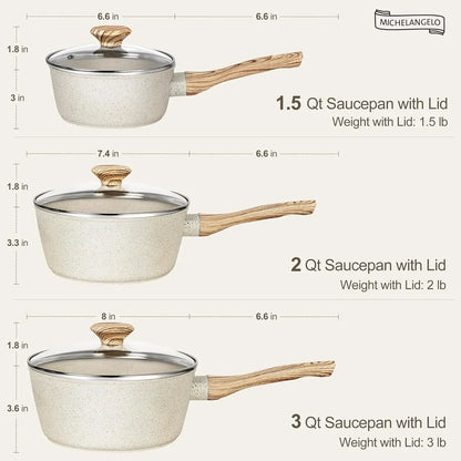 Set Casseroles Antiadhésives MICHELANGELO avec couvercles en verre et poignées effet bois en trois tailles