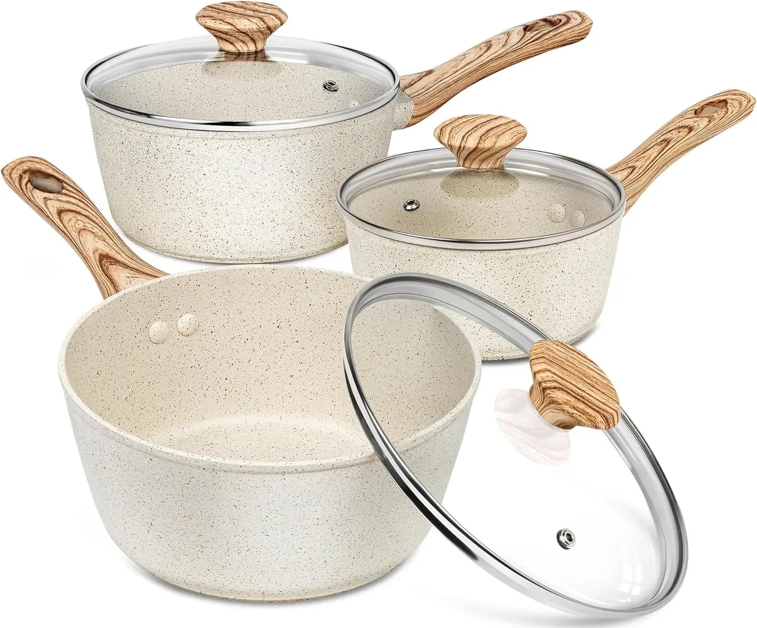 Set Casseroles Antiadhésives MICHELANGELO blanc cassé avec poignées effet bois et couvercles en verre