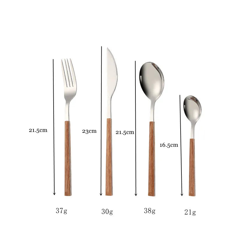 Set Couverts Inox Imitation Bois – Service 16 Pièces Élégant avec des détails en bois pour une table raffinée