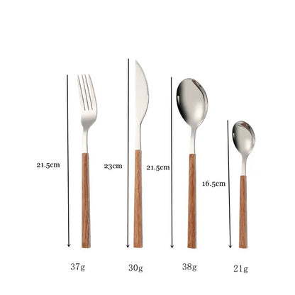 Set Couverts Inox Imitation Bois – Service 16 Pièces Élégant avec des détails en bois pour une table raffinée