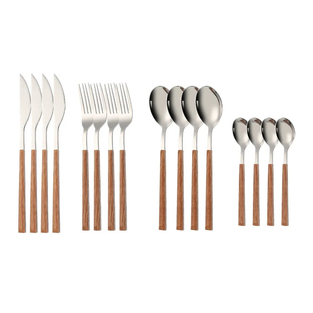 Set Couverts Inox Imitation Bois – Service 16 Pièces Élégant en acier inoxydable avec manches en bois design