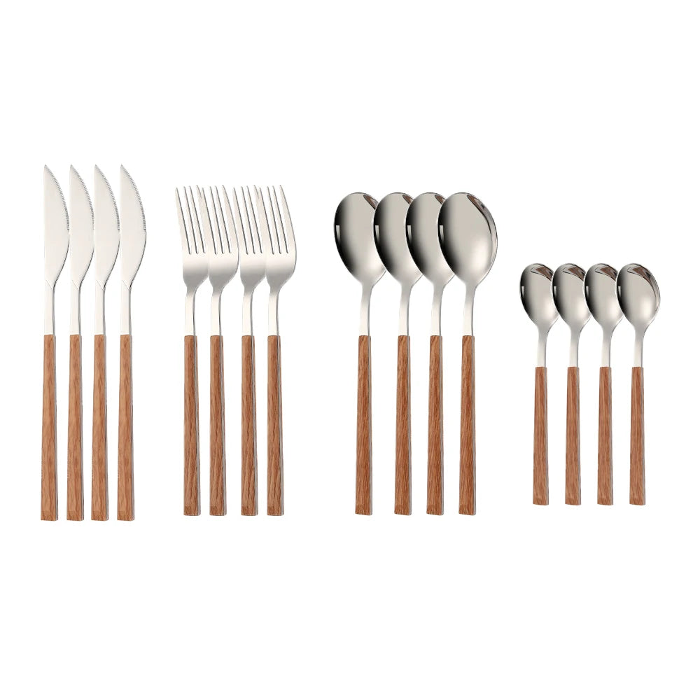 Set Couverts Inox Imitation Bois – Service 16 Pièces Élégant avec poignées en bois pour une table chic