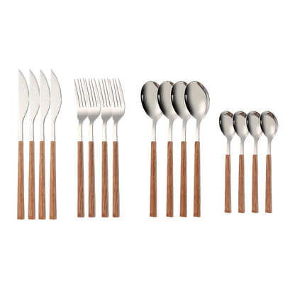 Set Couverts Inox Imitation Bois – Service 16 Pièces Élégant avec poignées en bois pour une table chic