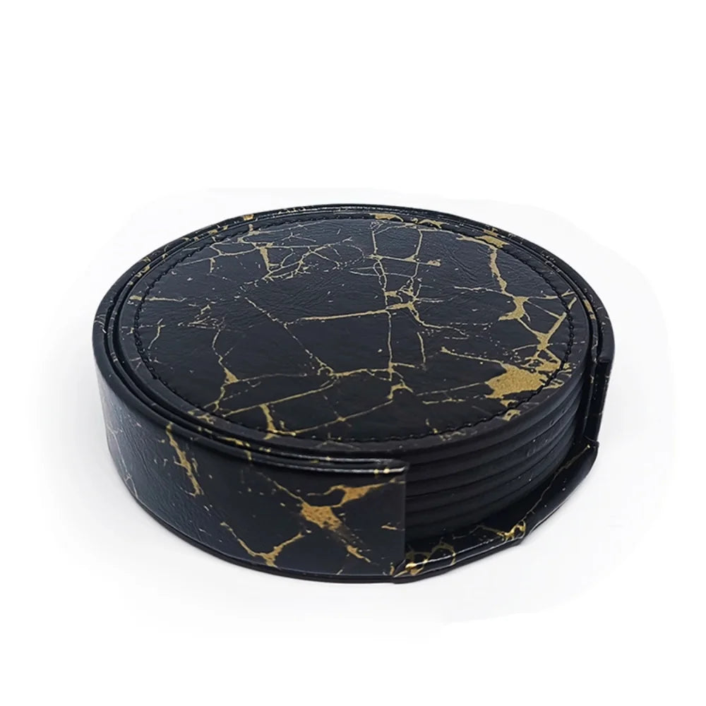 Set de 6 Dessous de Verre en similicuir avec Support élégant et design marbré noir et or