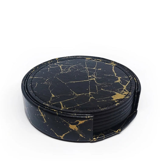 Set de 6 Dessous de Verre en similicuir avec Support, design élégant en noir et or