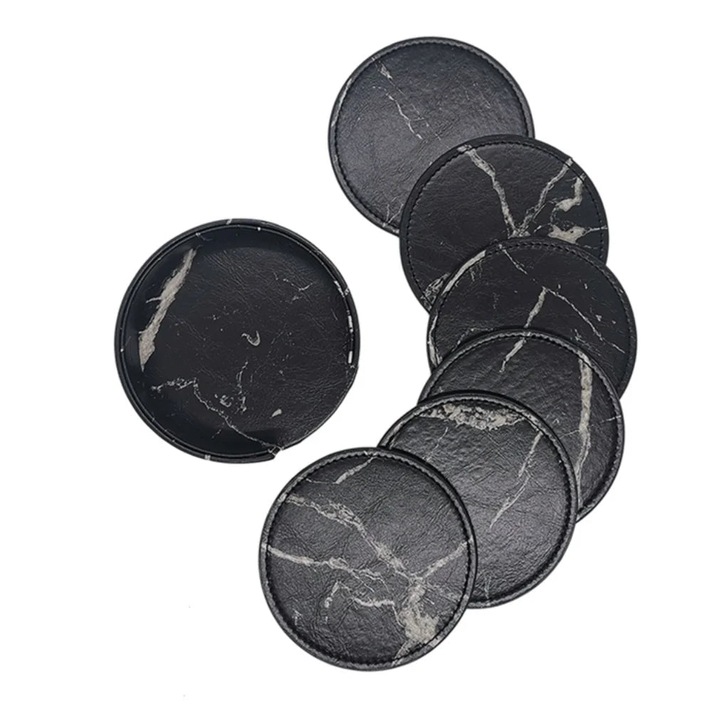 Set de 6 Dessous de Verre en similicuir avec Support, noir avec motif marbré pour protéger vos surfaces