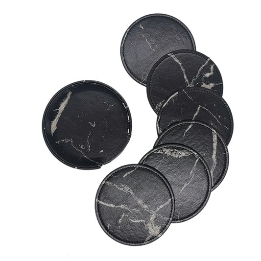 Set de 6 Dessous de Verre en similicuir avec Support, noir avec motif marbré pour protéger vos surfaces