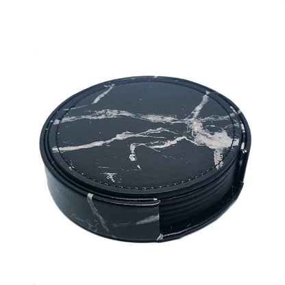 Set de 6 Dessous de Verre en similicuir avec Support, design marbré noir pour protéger vos surfaces