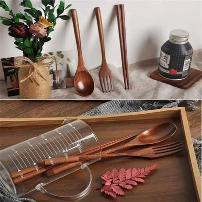Set de Couverts en Bois 3 Pièces – Cuillère, Fourchette, Baguettes en bois naturel avec vase décoratif