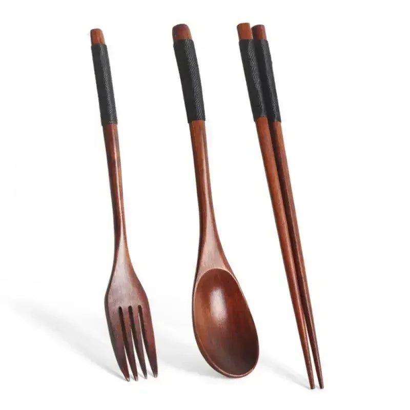 Set de Couverts en Bois 3 Pièces – Cuillère, Fourchette, Baguettes avec poignées noires élégantes